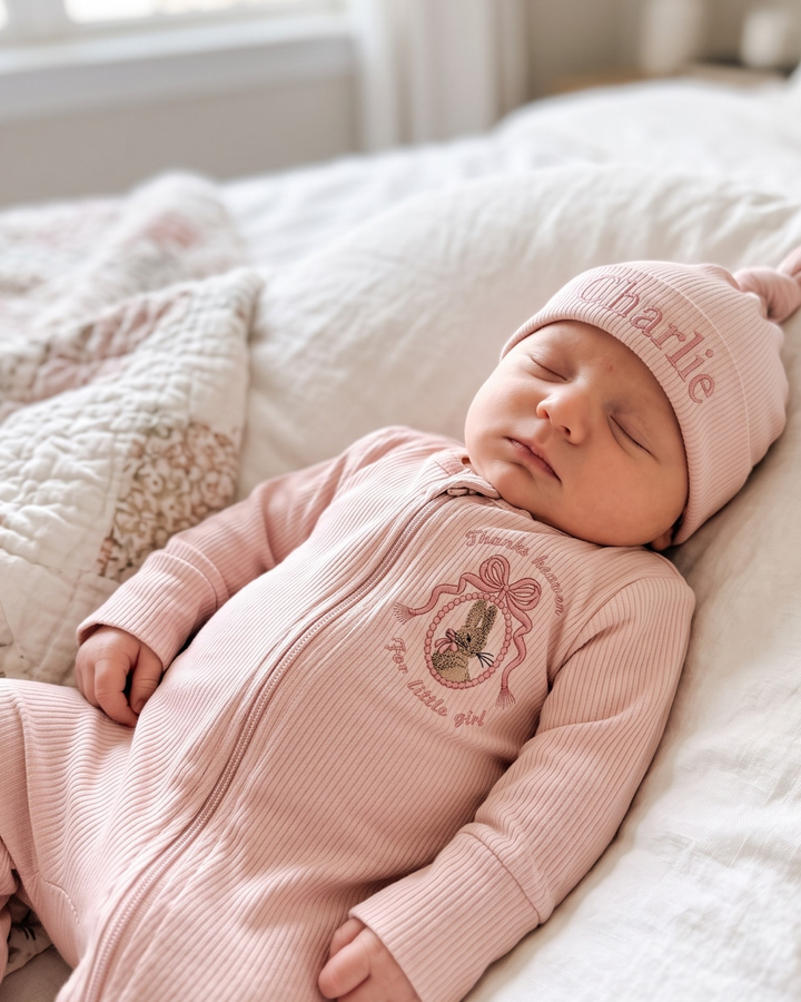 Little Bunny Girl Embroidered Ribbed Bamboo Zipper Footie