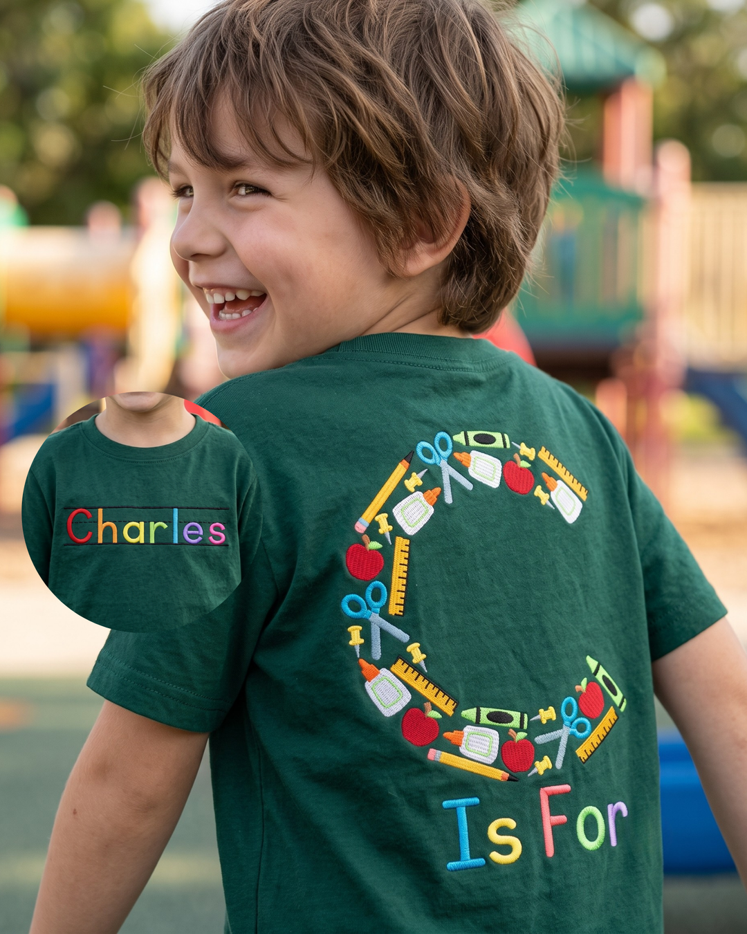Custom Name Alphabet School Supplies Embroidered Bamboo Crewneck T-Shirt