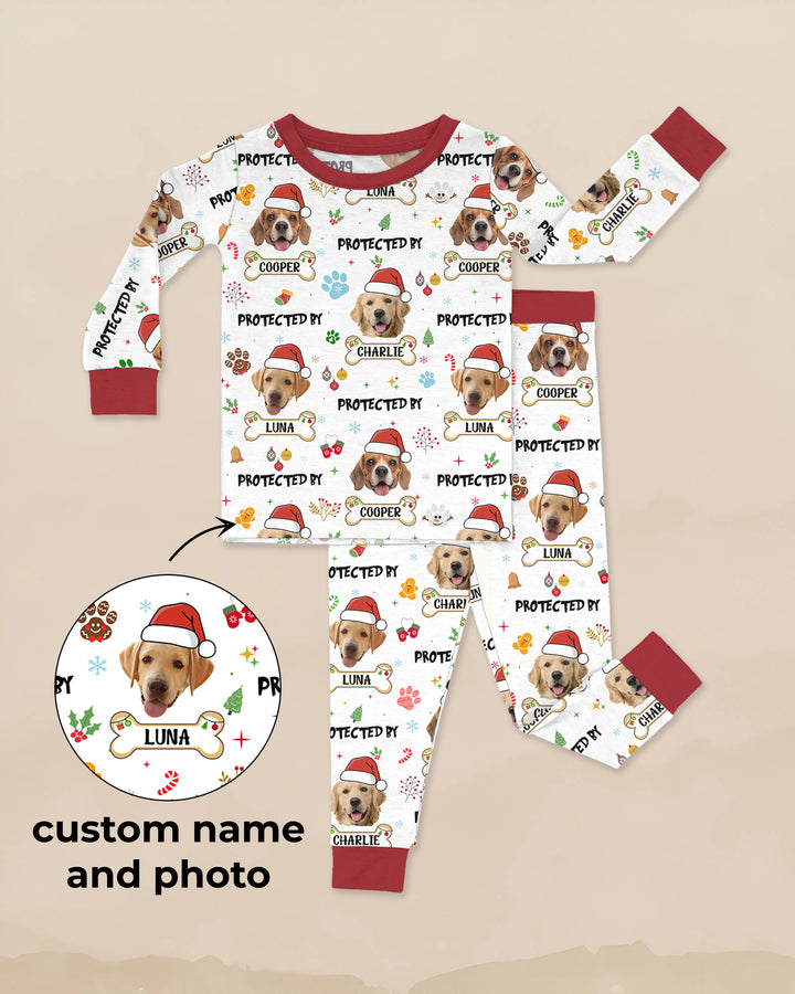 Custom Dog Photo "Protected By" Christmas Two Piece Long Sleeve Pajama Set