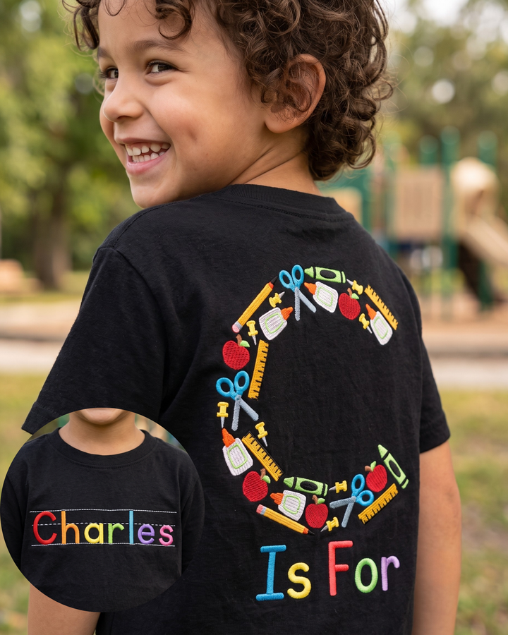 Custom Name Alphabet School Supplies Embroidered Bamboo Crewneck T-Shirt