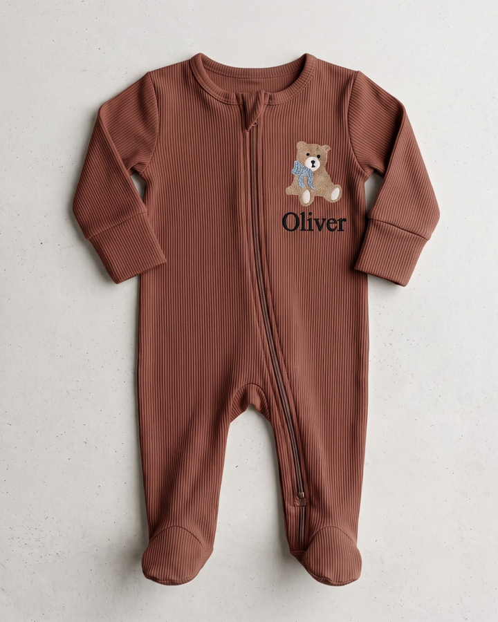 Teddy Bear Embroidered Name Ribbed Bamboo Zipper Footie