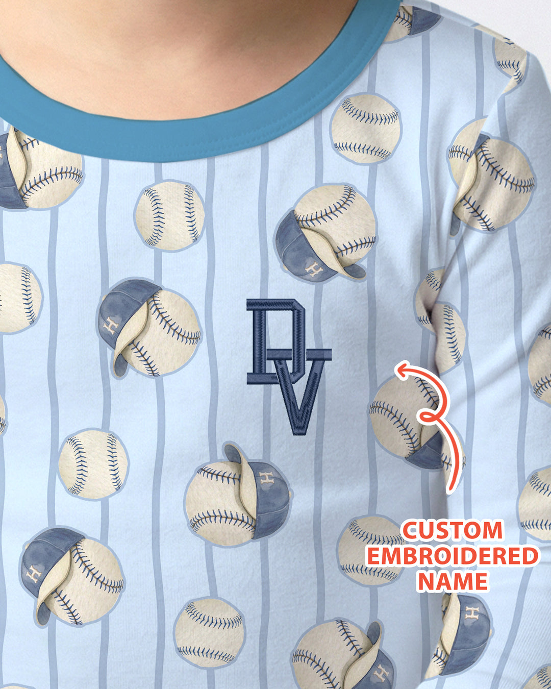 Custom Embroidered Baseball Bamboo Two Piece Long Sleeve Pajama Set