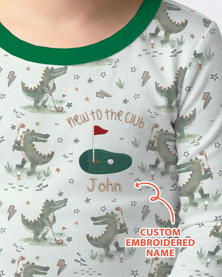 Personalized Embroidered Name Crocodile Golf Bamboo Two Piece Long Sleeve Pajama Set