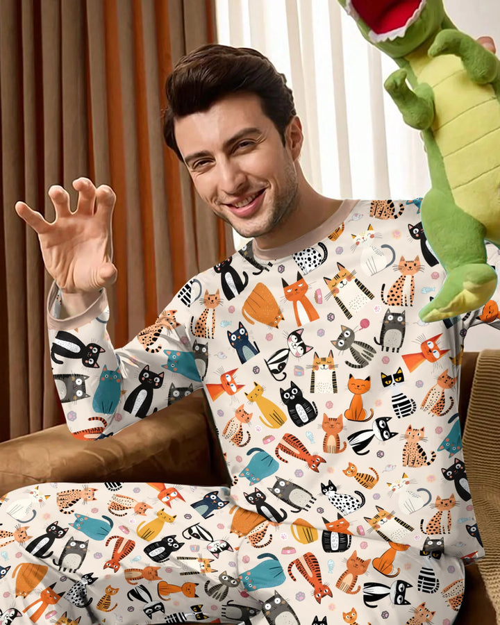 Pijama familiar de bambú para hombre a juego de la familia de gatos Goofy Mischief