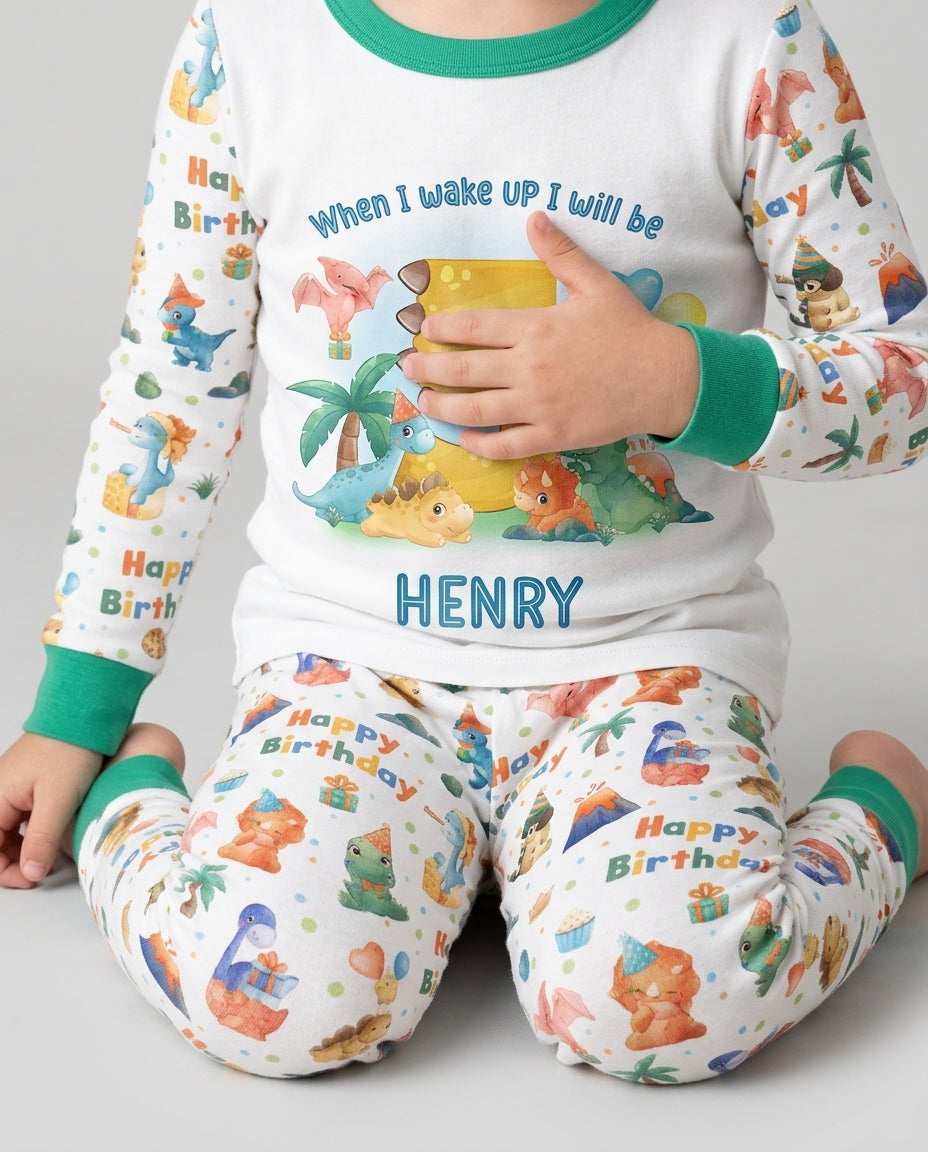 Custom Name When I Wake Up Birthday Dino Bamboo Two Piece Long Sleeve Pajama Set