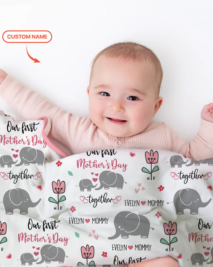 Custom Name Elephant Our First Mother's Day Blanket