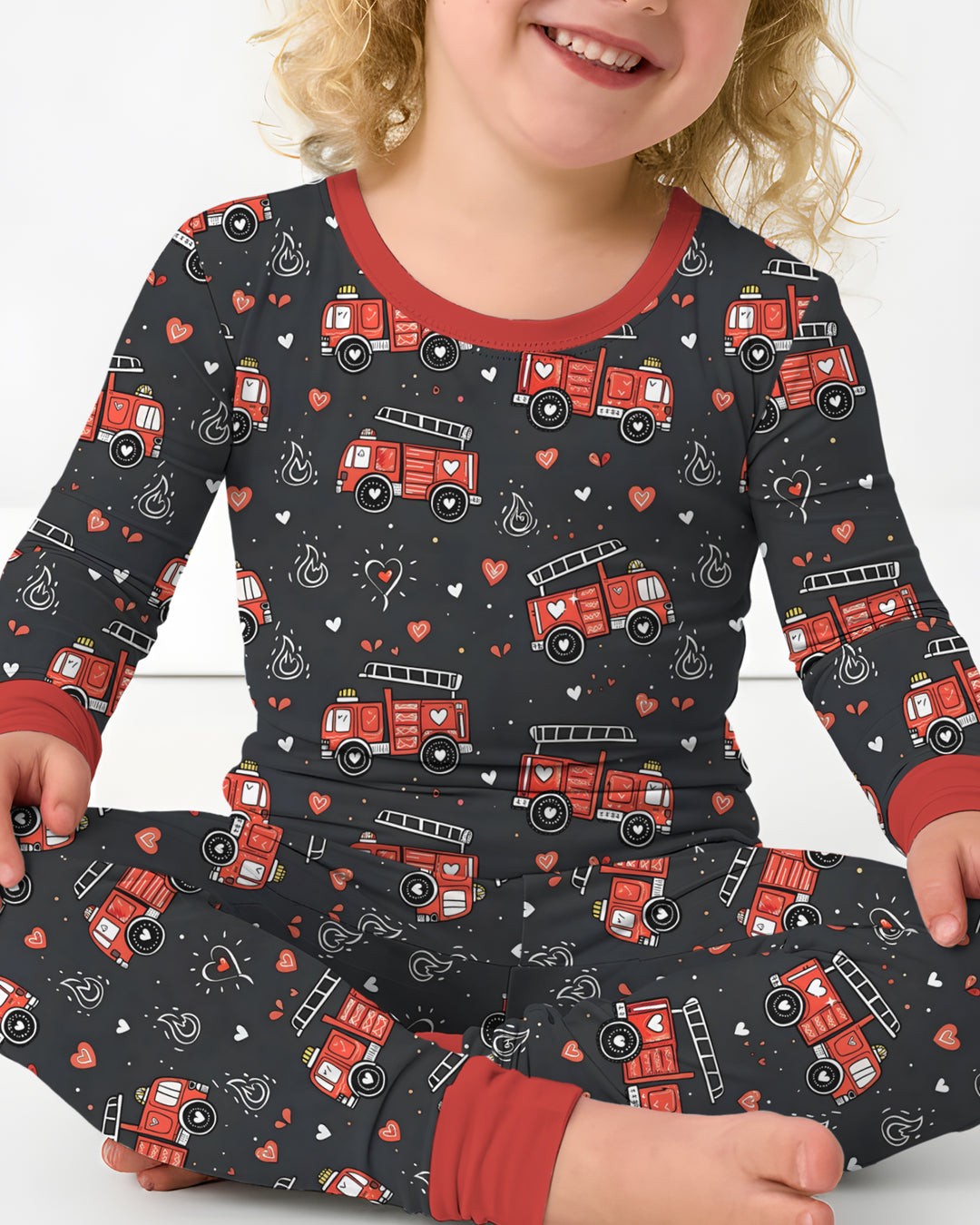Valentine Fire Trucks Two Piece Long Sleeve Pajama Set