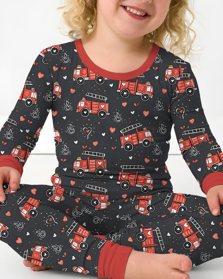 Valentine Fire Trucks Two Piece Long Sleeve Pajama Set