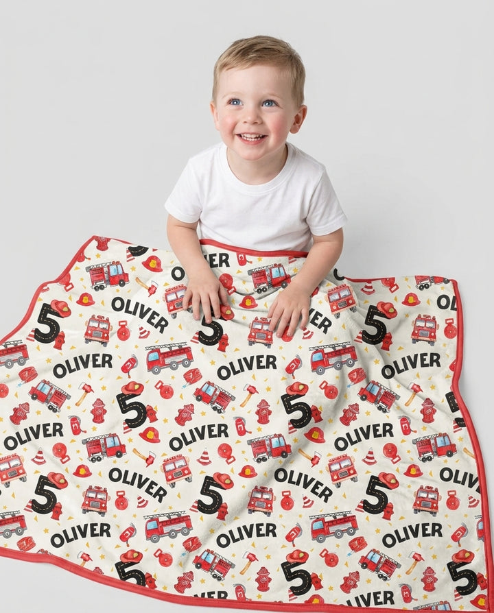 Custom Name Fire Truck Birthday Boy Bamboo Blanket