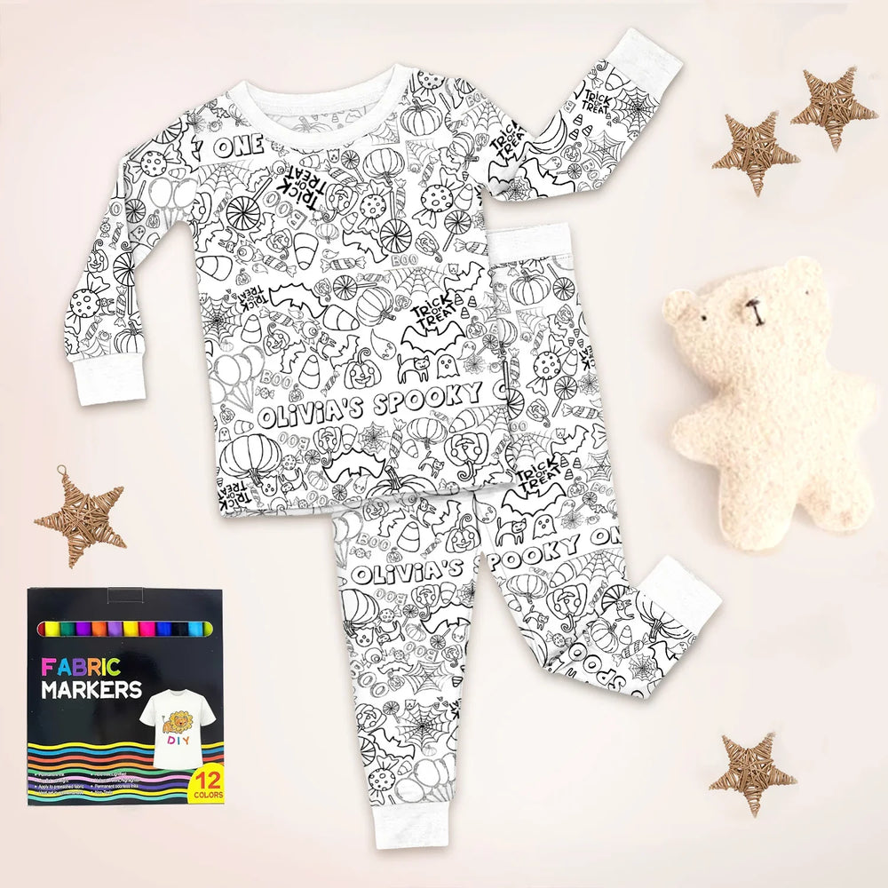 Custom Name Spooky Colorable Halloween Two Piece Long Sleeve Pajama Set , Custom Name Spooky Colorable Halloween Two Piece Long Sleeve Pajama Set - 3T