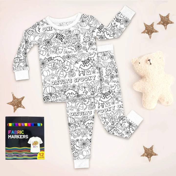 Custom Name Spooky Colorable Halloween Two Piece Long Sleeve Pajama Set , Custom Name Spooky Colorable Halloween Two Piece Long Sleeve Pajama Set - 3T