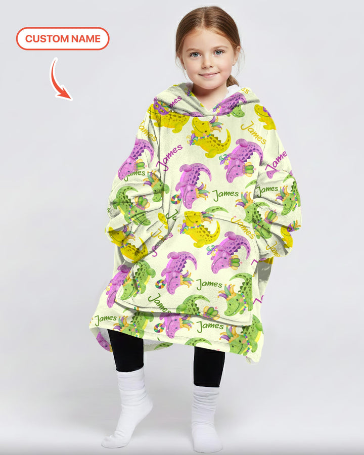 Custom Name Mardi Gras Alligator Wearable Blanket Hoodie