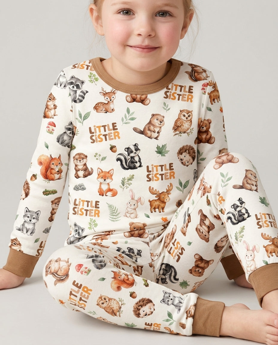 Custom Quote Woodland Animal Matching Sibling Bamboo Two Piece Long Sleeve Pajama Set