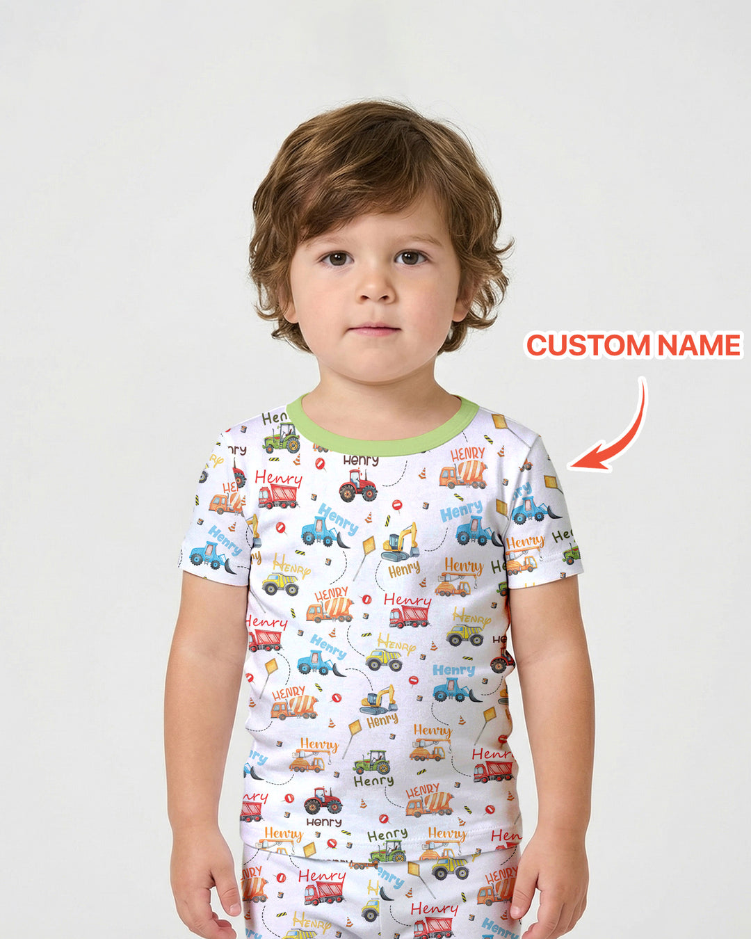 Construction Vehicles Custom Name Two Piece Short Sleeve Pajama Set