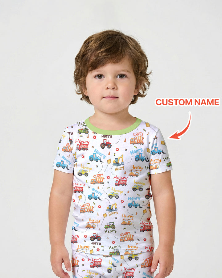 Construction Vehicles Custom Name Two Piece Short Sleeve Pajama Set