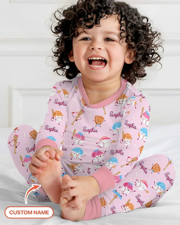 Custom Name Ballparl Family Matching Bamboo Two Piece Long Sleeve Pajama Set