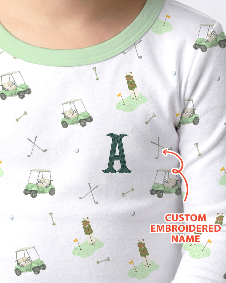 Custom Embroidered Name Monogram Letter Golf Two Piece Long Sleeve Pajama Set