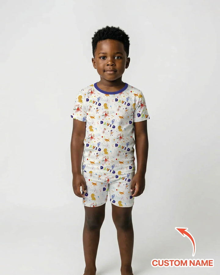 Custom Name Circus Toile Bamboo Two Piece Short Sleeve Shorts Pajama Set