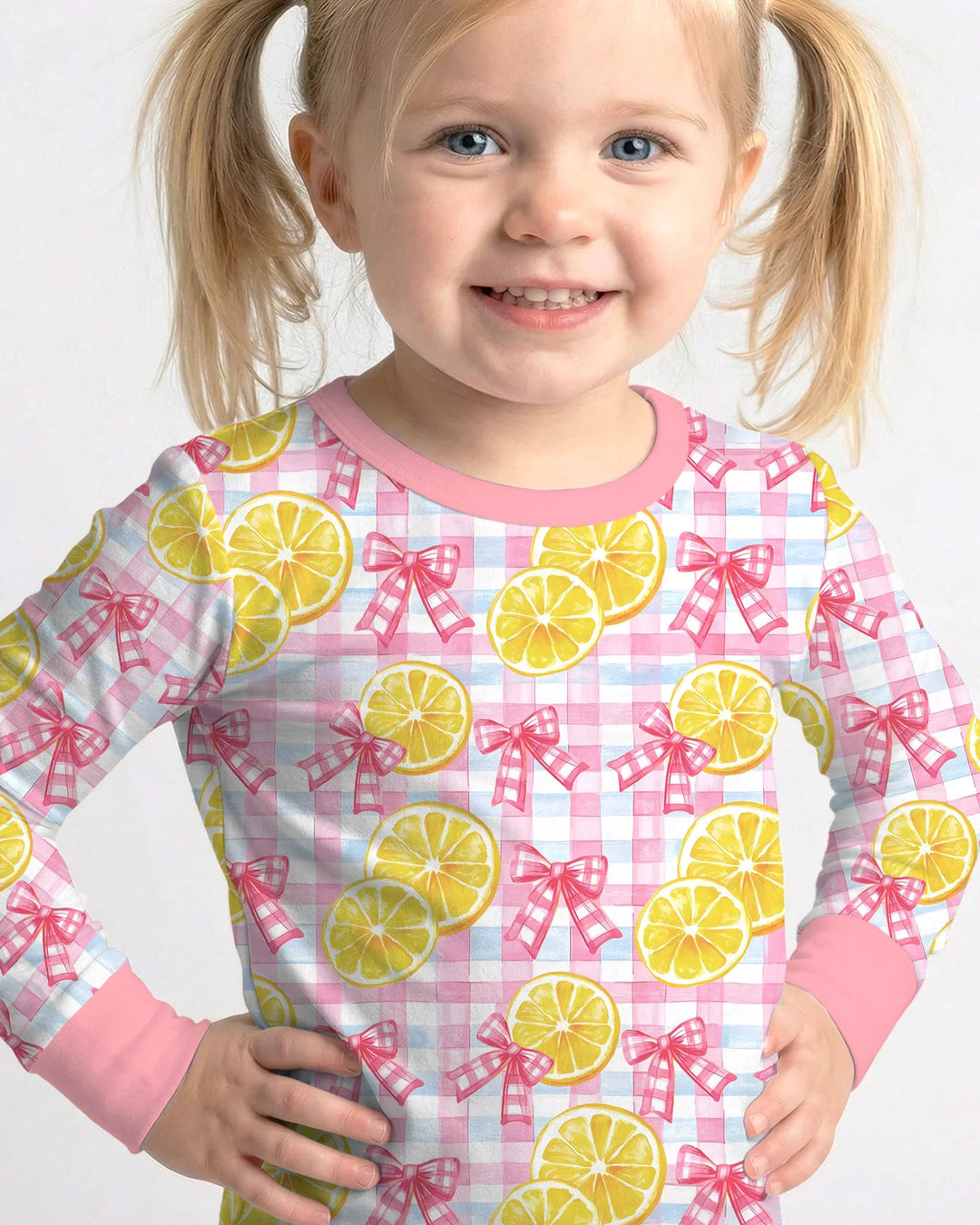 Pink Lemons Bows Checkered Bamboo Two Piece Long Sleeve Pajama Set