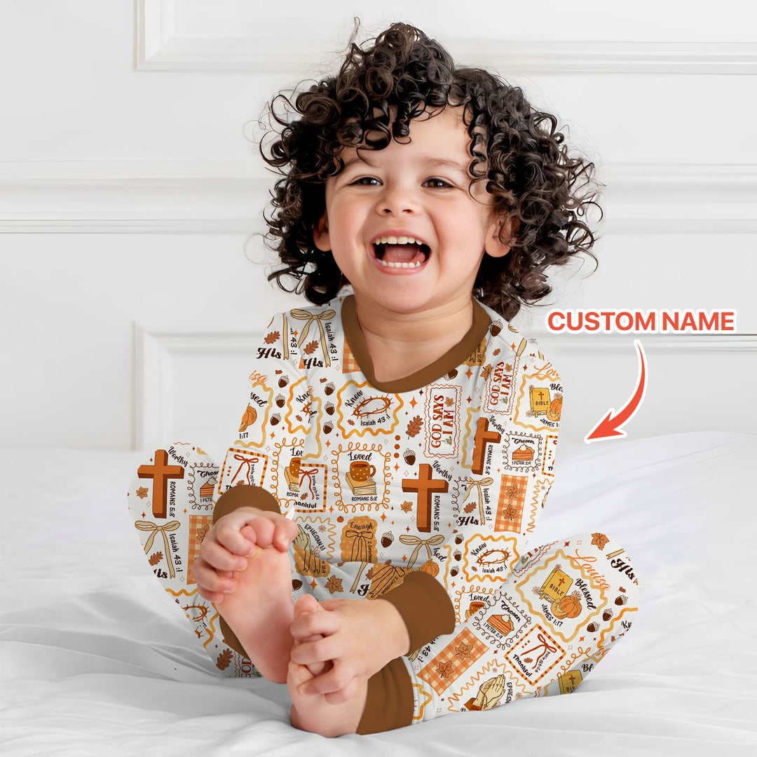 Custom Name I Am Thankful For Jesus Two Piece Long Sleeve Pajama Set , Custom Name I Am Thankful For Jesus Two Piece Long Sleeve Pajama Set - 12-18M