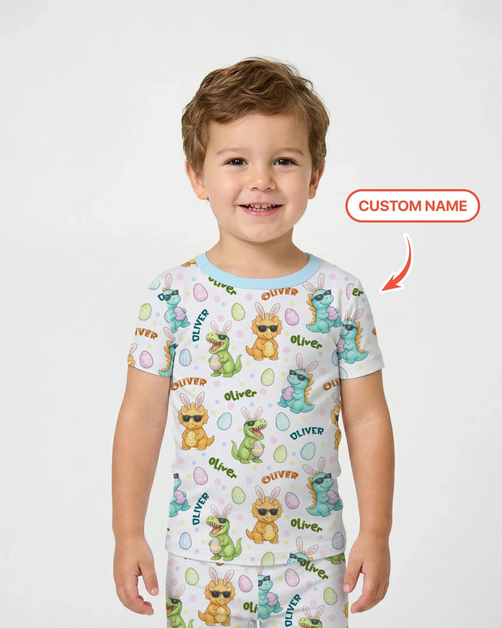 Custom Name Dinosaur on the Hunt Two Piece Short Sleeve Pajama Set