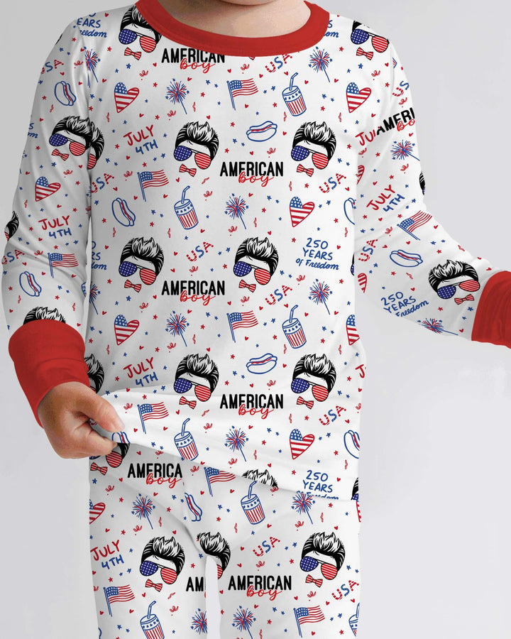 Doodle American Flag Glasses Family Matching Bamboo Two Piece Long Sleeve Pajama Set