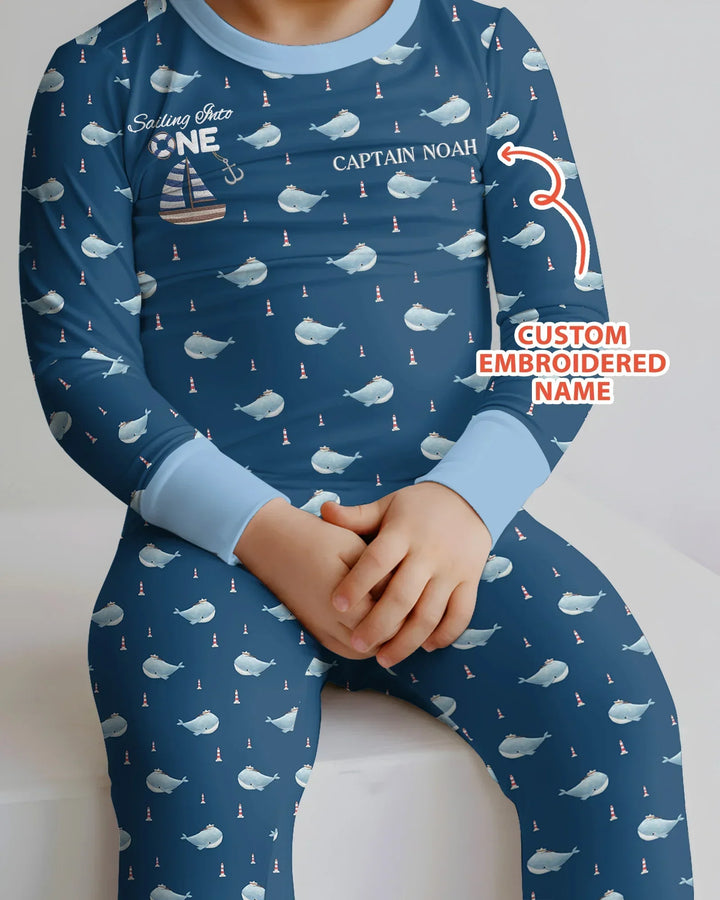 Custom Embroidered Name 1st Birthday Boy Bamboo Two Piece Long Sleeve Pajama Set