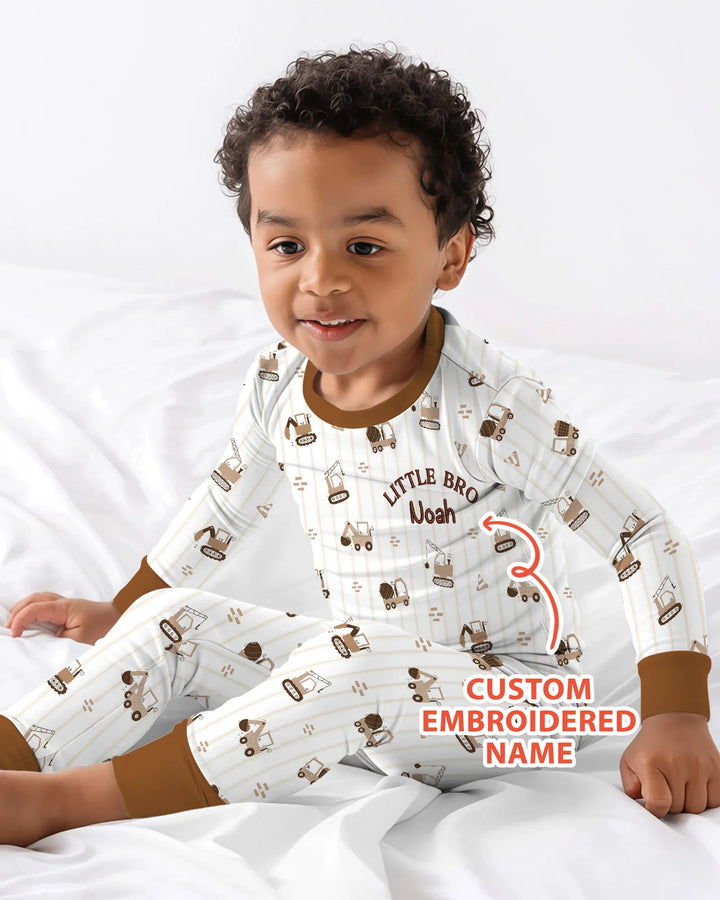 Custom Embroidered Name Constructor Little Bro Bamboo Two Piece Long Sleeve Pajama Set