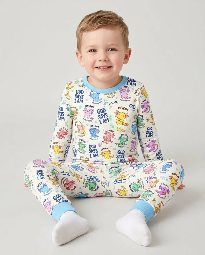 Axolotl God Says I Am Custom Name Bamboo Two Piece Long Sleeve Pajama Set
