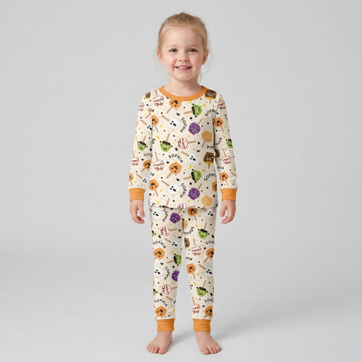Custom Name Halloween Treats Bamboo Two Piece Long Sleeve Pajama Set
