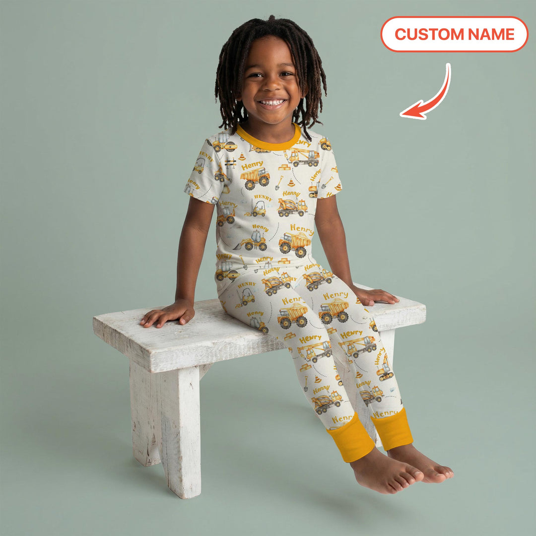 Constructions Machines Custom Name Two Piece Short Sleeve Pajama Set