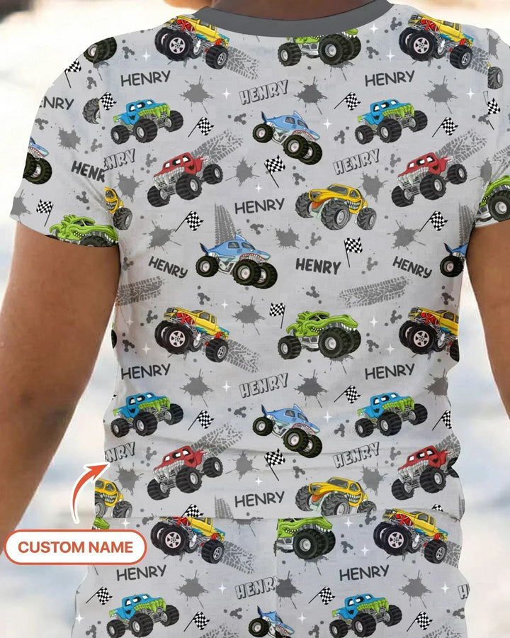 Monster Truck Dirt Jam Custom Name Daddy & Me Matching Two Piece Short Sleeve Pajama Set