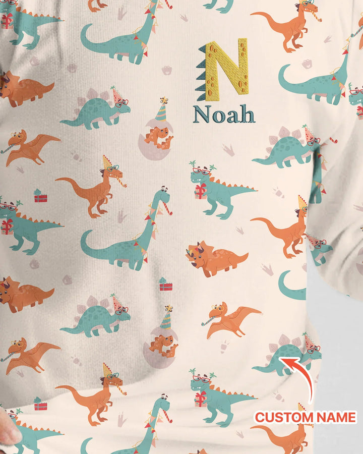 Pijama de dos piezas de bambú con nombre bordado personalizado de dinosaurios y manga larga