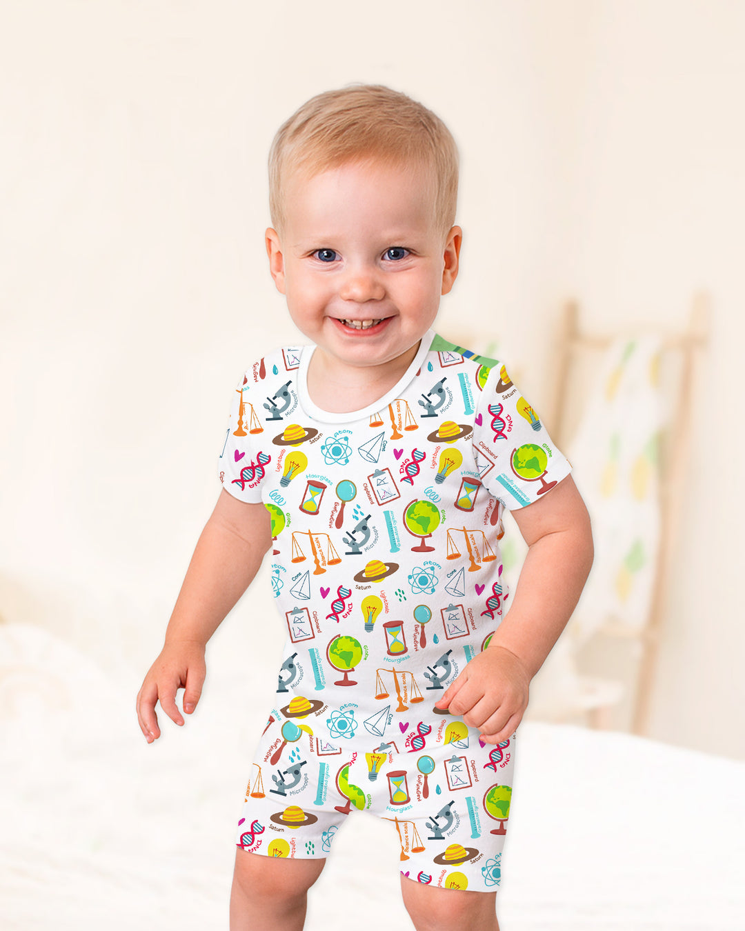 Tiny Scientist Explores The World Bamboo Two Piece Short Sleeve Shorts Pajama Set