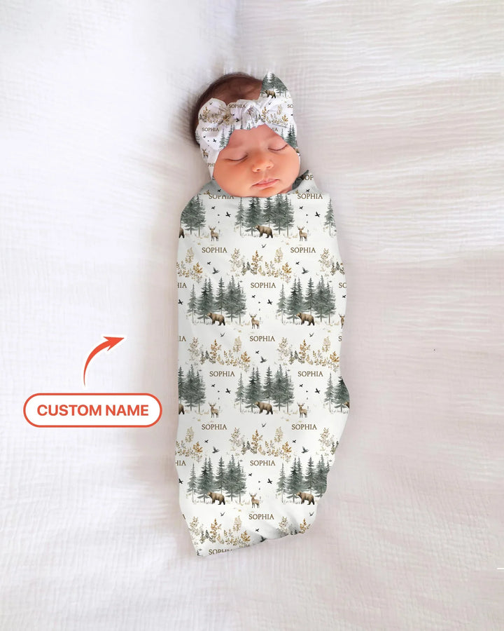 Custom Name Forest Bear Deer swaddle blanket