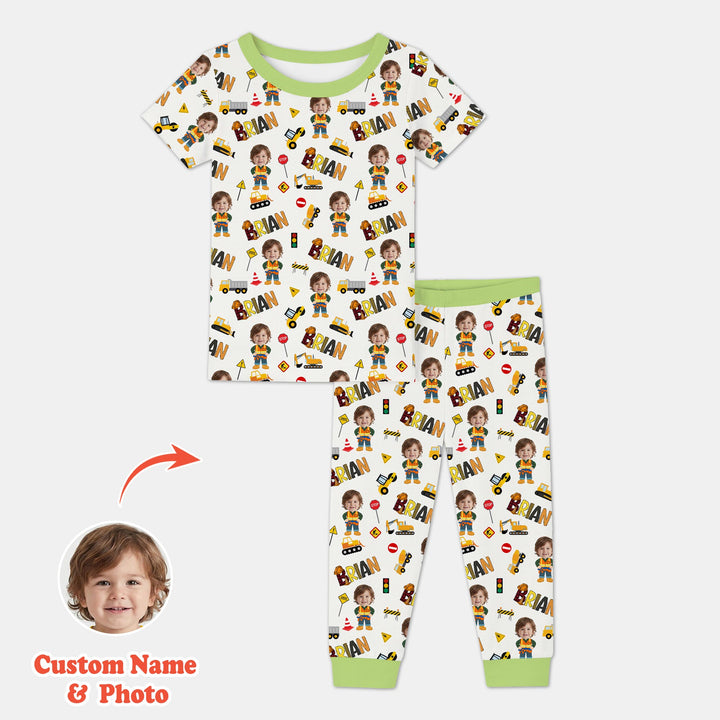 Custom Photo Doodle Little Builder Two Piece Short Sleeve Pajama Set