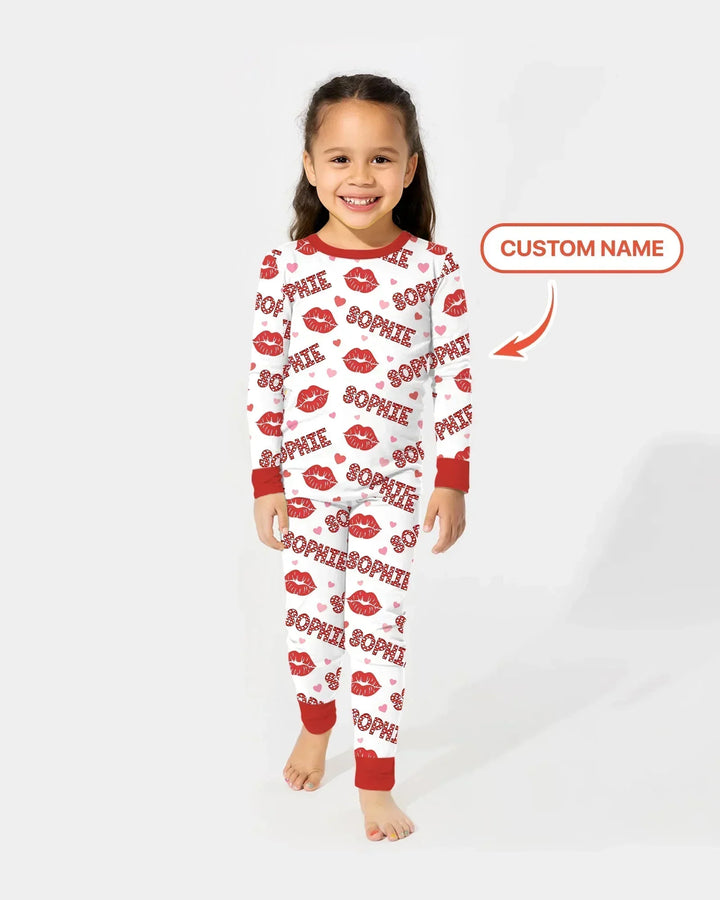 Custom Name Valentine Kiss Two Piece Long Sleeve Pajama Set