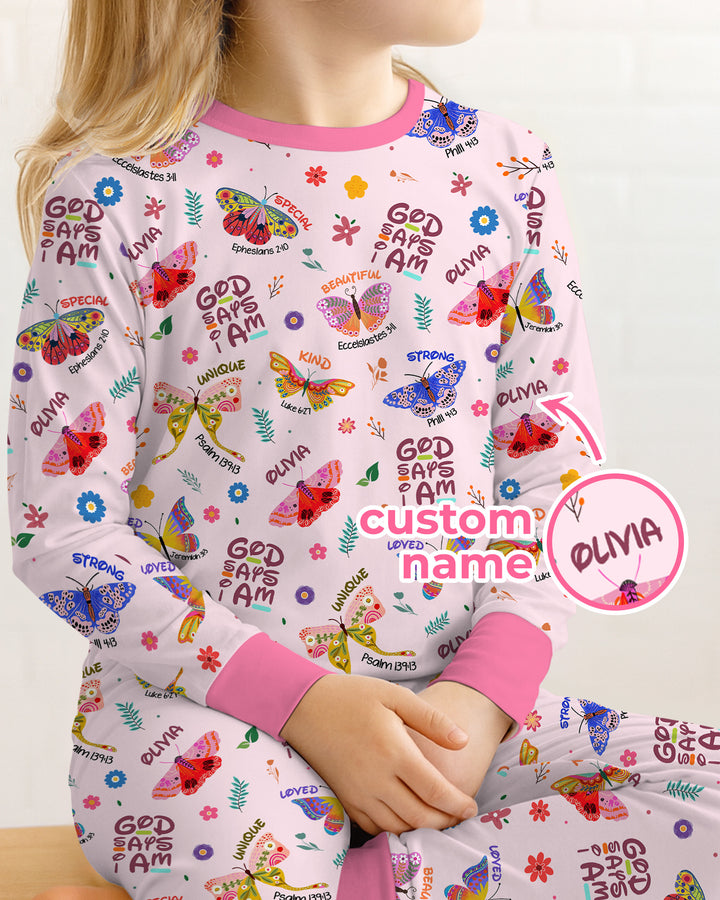 Custom Name God says I am Butterfly Two Piece Long Sleeve Pajama Set