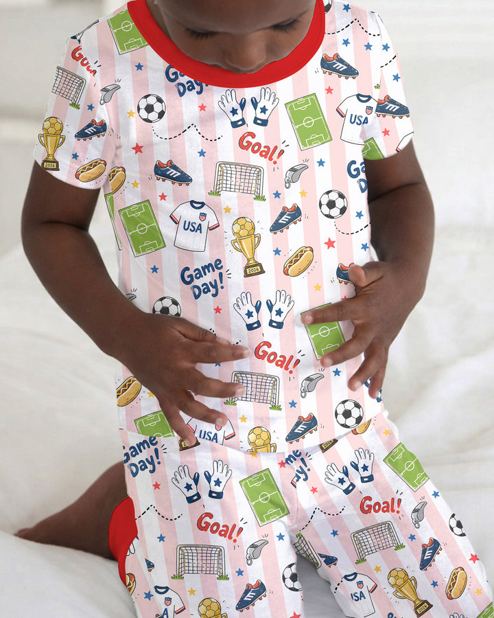 Striped Soccer Game Day Family Matching Bamboo Two Piece Short Sleeve Pajama Set