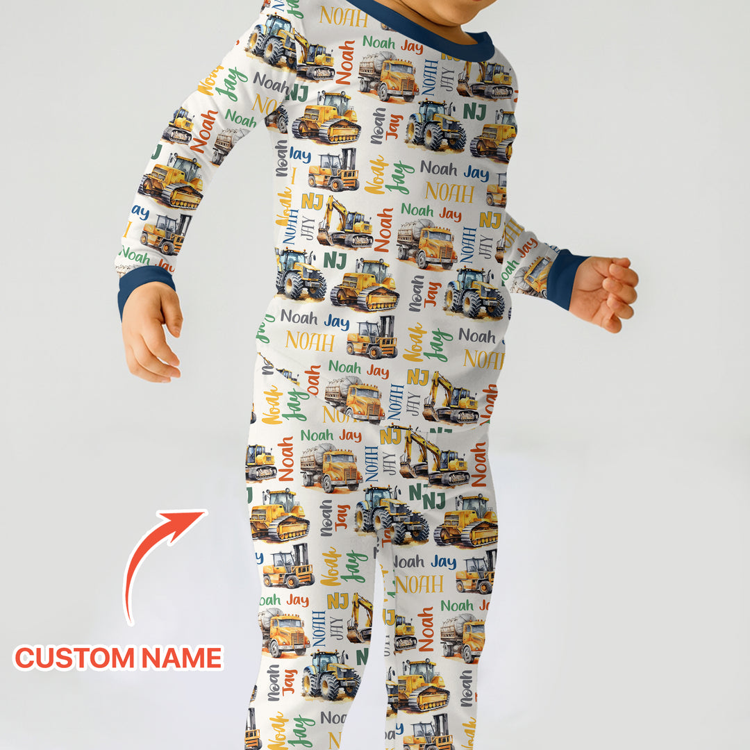 Custom Name Construction Trucks Two Piece Long Sleeve Pajama Set