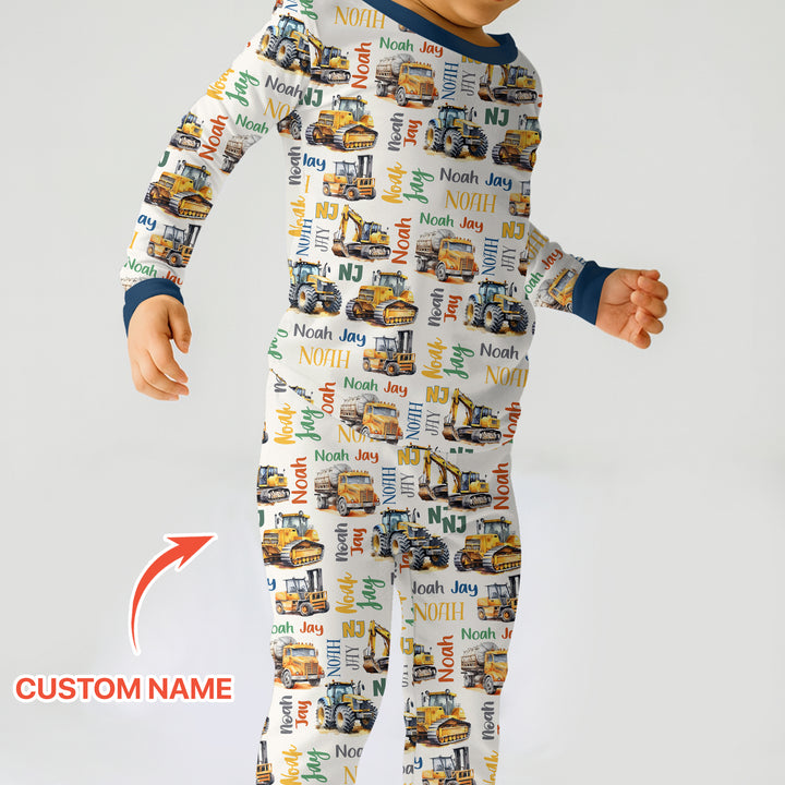 Custom Name Construction Trucks Two Piece Long Sleeve Pajama Set
