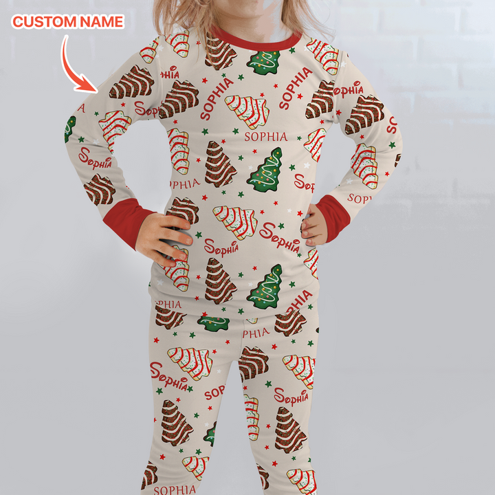 Christmas Tree Cake Custom Name Two Piece Long Sleeve Pajama Set