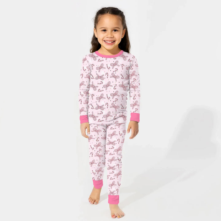 Pink Candy Bows Two Piece Long Sleeve Pajama Set