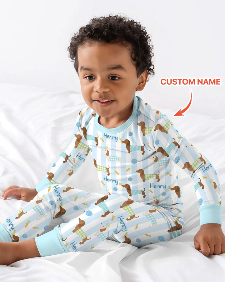 Custom Name Easter Dachshunds Family Matching Two Piece Long Sleeve Pajama Set
