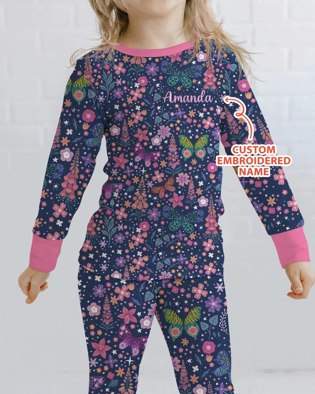 Custom Name Embroidered Colorful Butterfly Bamboo Two Piece Long Sleeve Pajama Set