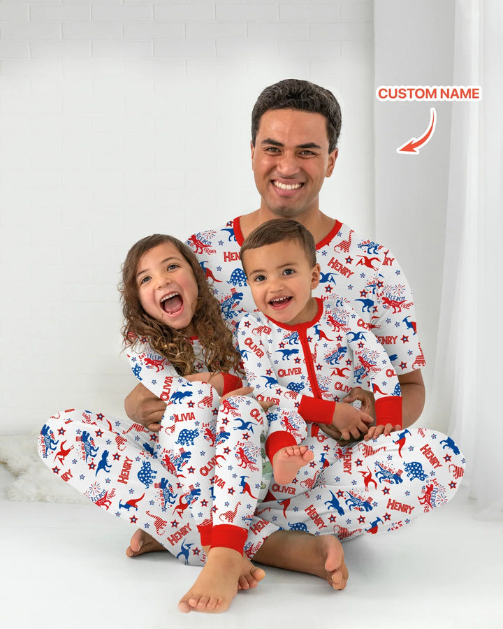 Custom Name Patriotic Dinosaur Bamboo Two Piece Short Sleeve Shorts Pajama Set