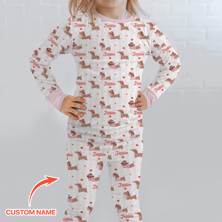 Custom Name Valentine Dachshund Family Matching Two Piece Long Sleeve Pajama Set