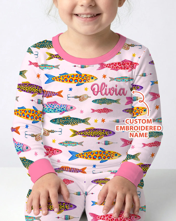 Pijama de dos piezas de bambú de manga larga con bordado de nombre personalizado de peces de colores