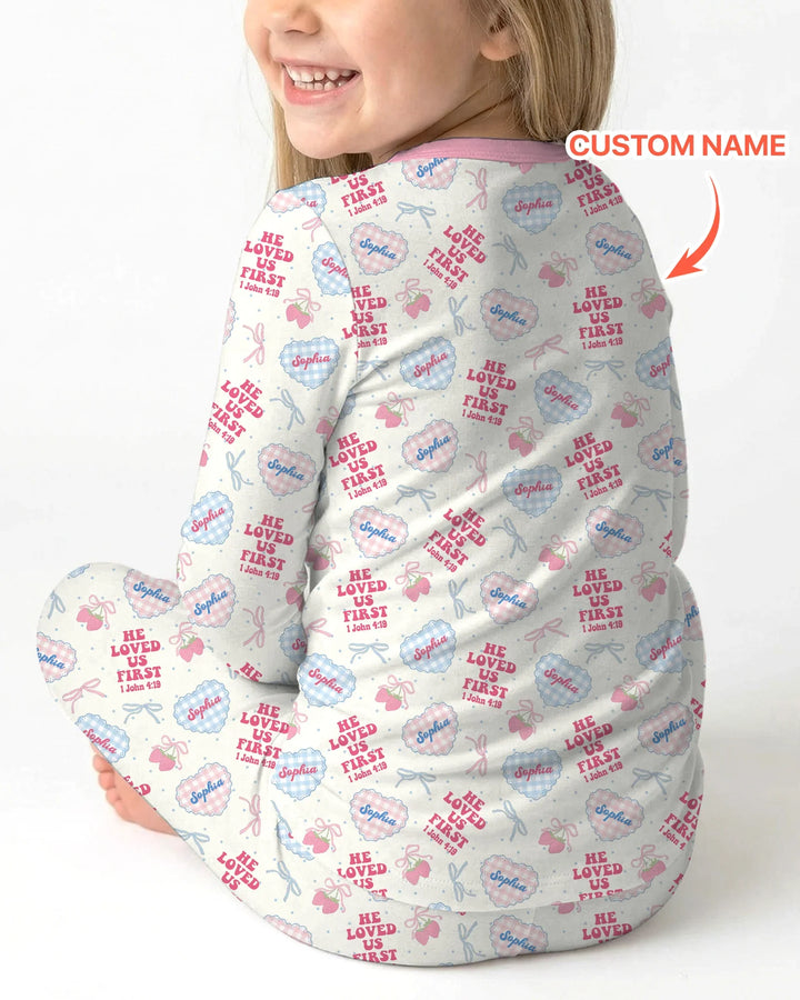 He Loved Us First Custom Name Bamboo Two Piece Long Sleeve Pajama Set