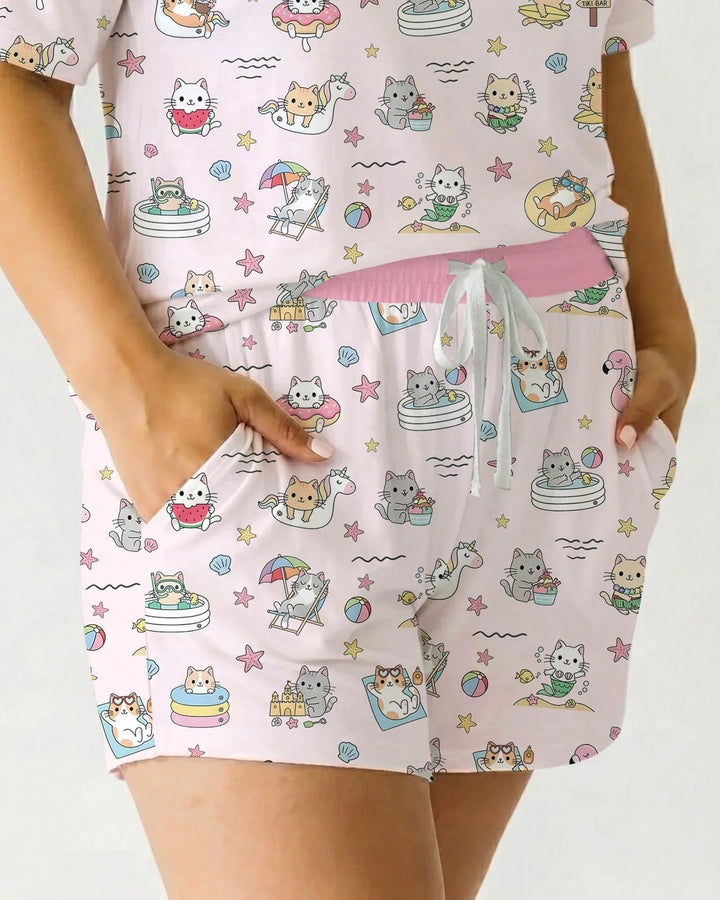 Kawaii Cats Summer Vacation Bamboo Women Short Sleeve Short Pajama Set